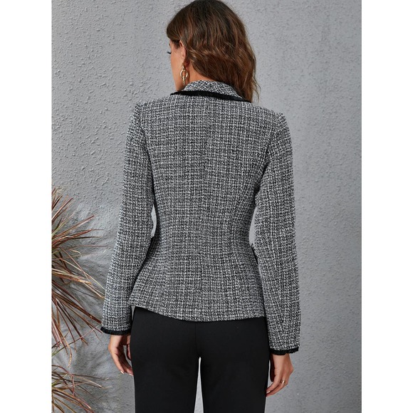 Raw Trim Double Breasted Blazer plaid tweed gray black - Picture 2 of 6